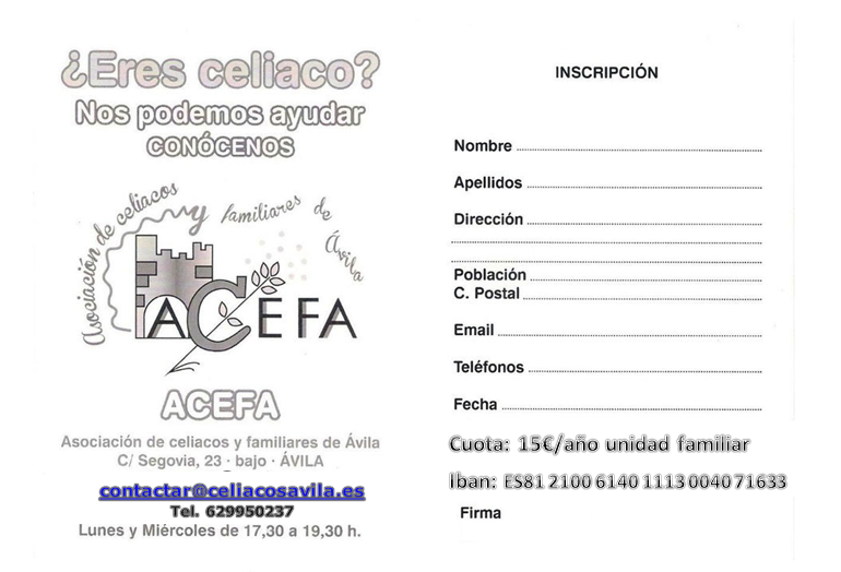 Ficha de inscripción a la Asociación de Celiacos de Ávila